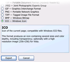 The ICO export dialog