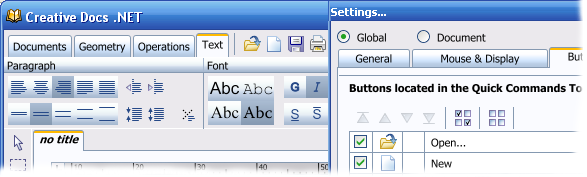 Ribbon, Quick Commands Toolbar and Settings Dialog